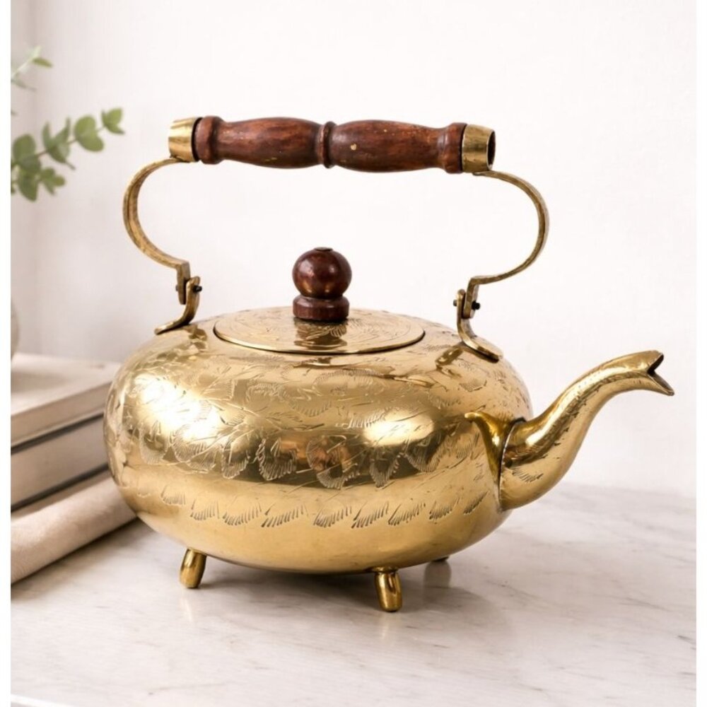 Vintage Brass‎ Tea Kettle With Wooden Handle & Engraved Floral Design